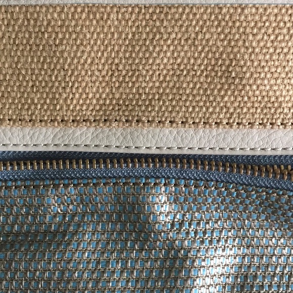 FOSSIL Explorer Tote Canvas Woven Straw Crossbody and Wallet Set Tan Blue - Picture 5 of 15
